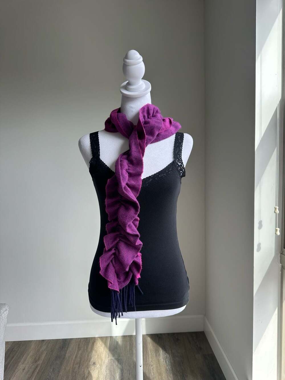 Y2K V. Fraas Cashmink Purple Ruffled Scarf with Fringe